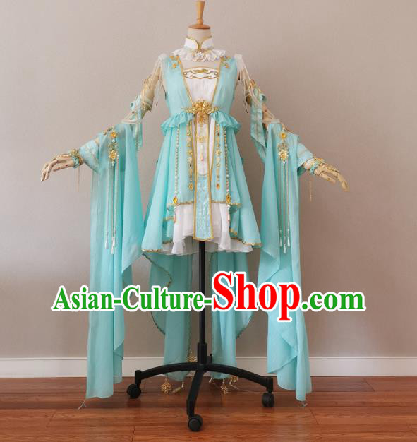 China Traditional JX Online Swordswoman Clothing Cosplay Fairy Garment Costumes Ancient Female Knight Light Blue Dress Outfits