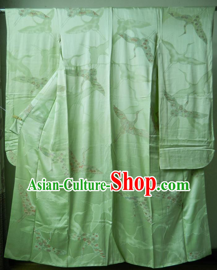 Japanese Traditional Court Furisode Kimono Clothing Young Woman Garment Costume Classical Cranes Pattern Green Silk Yukata Dress