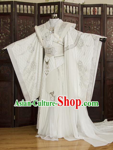 China Traditional Puppet Show Prince Shu Shier Uniforms Cosplay Swordsman White Hanfu Clothing Ancient Noble Childe Garment Costumes
