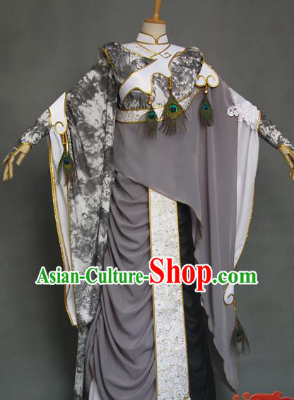 China Cosplay Swordswoman Garment Costumes Ancient Queen Grey Hanfu Dress Traditional Puppet Show Lian Emei Clothing