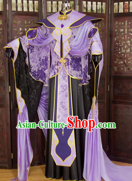 China Traditional Puppet Show Swordsman Purple Uniforms Cosplay Taoist Priest Hanfu Clothing Ancient Chivalrous Knight Garment Costumes