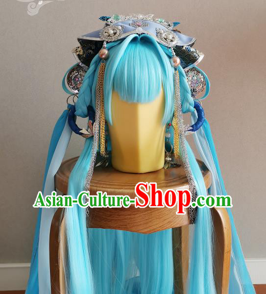 China Traditional Puppet Show Swordswoman Hair Accessories Cosplay Fairy Princess Headdress Ancient Young Lady Blue Wigs and Hair Crown Headpieces