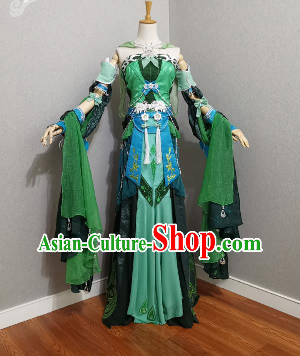 Professional Cosplay Swordswoman Garment Costumes Ancient Fairy Green Dress Outfits Traditional Game Role Clothing
