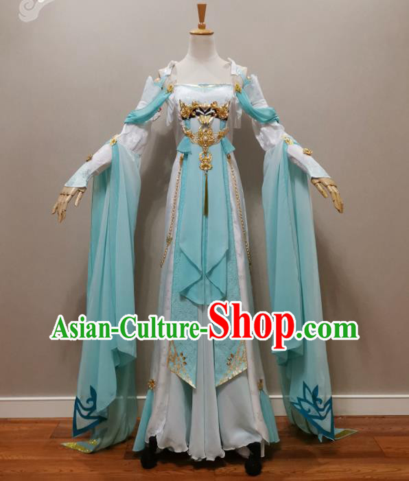 Professional China Ancient Princess Blue Dress Outfits Traditional Flying Fairy Clothing Cosplay Goddess Garment Costumes