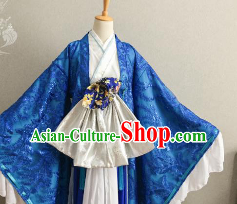 China Ancient Young Beauty Blue Dress Outfits Traditional Empress Clothing Cosplay Queen Garment Costumes