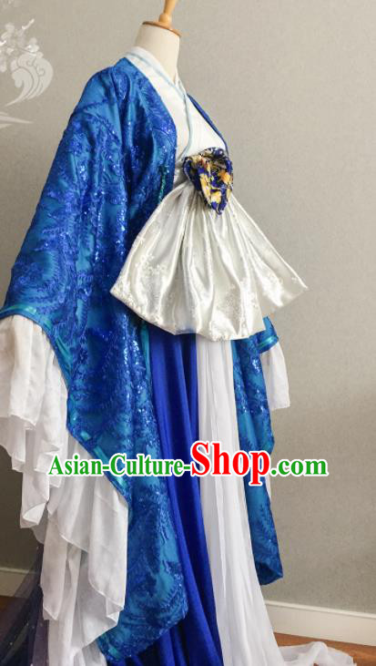 China Ancient Young Beauty Blue Dress Outfits Traditional Empress Clothing Cosplay Queen Garment Costumes