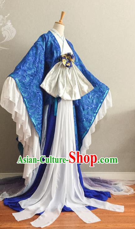 China Ancient Young Beauty Blue Dress Outfits Traditional Empress Clothing Cosplay Queen Garment Costumes