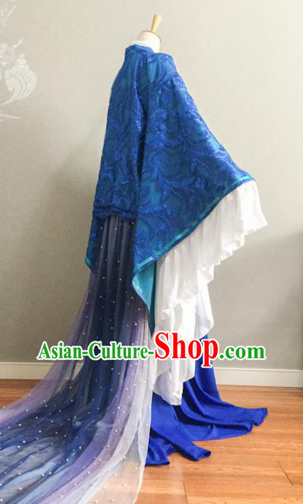 China Ancient Young Beauty Blue Dress Outfits Traditional Empress Clothing Cosplay Queen Garment Costumes