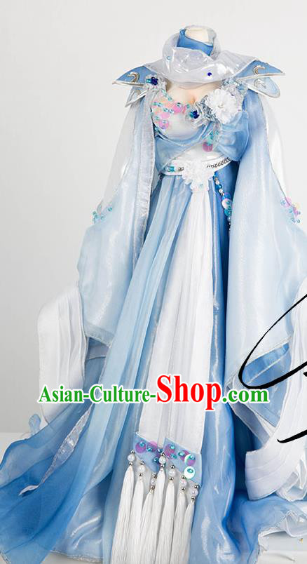 China Traditional Puppet Show Princess Jin Yanxia Hanfu Clothing Cosplay Swordswoman Garment Costumes Ancient Goddess Blue Dress Outfits