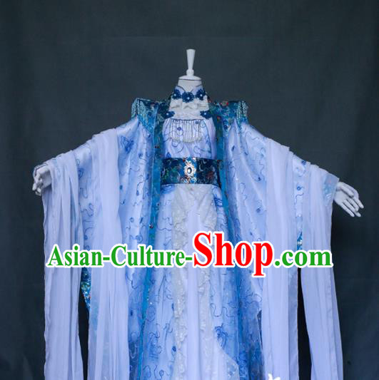 China Ancient Queen Light Blue Dress Outfits Traditional Puppet Show Empress Hanfu Clothing Cosplay Fairy Princess Garment Costumes