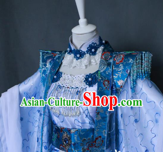 China Ancient Queen Light Blue Dress Outfits Traditional Puppet Show Empress Hanfu Clothing Cosplay Fairy Princess Garment Costumes