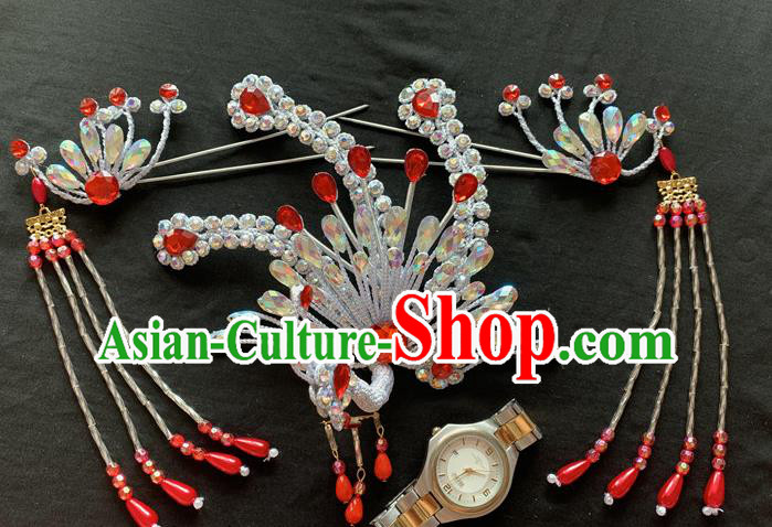 Chinese Traditional Opera Diva Headpieces Beijing Opera Princess Argent Phoenix Hair Crown and Hairpins Peking Opera Hua Tan Hair Accessories