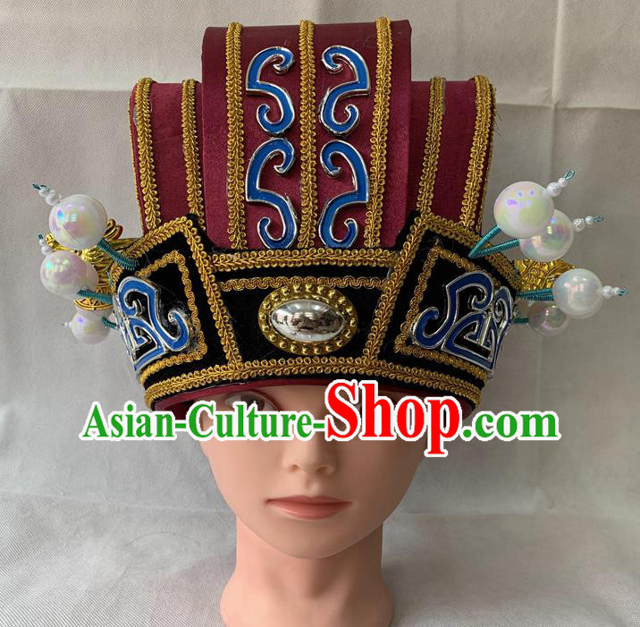 Handmade China Ancient Prime Minister Helmet Headdress Peking Opera Laosheng Wine Red Hat Beijing Opera Official Headwear
