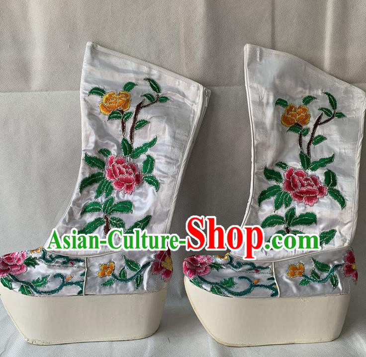 Chinese Traditional Opera Emperor Embroidered Shoes Beijing Opera Xiaosheng Shoes Peking Opera White Official Boots