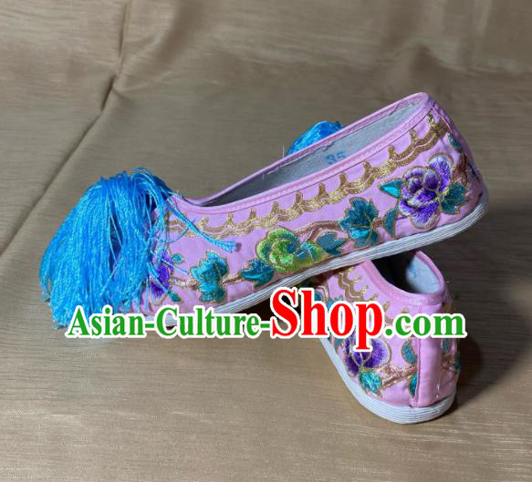 Handmade China Beijing Opera Actress Shoes Wedding Embroidered Shoes Ancient Princess Shoes Peking Opera Hua Tan Pink Satin Shoes