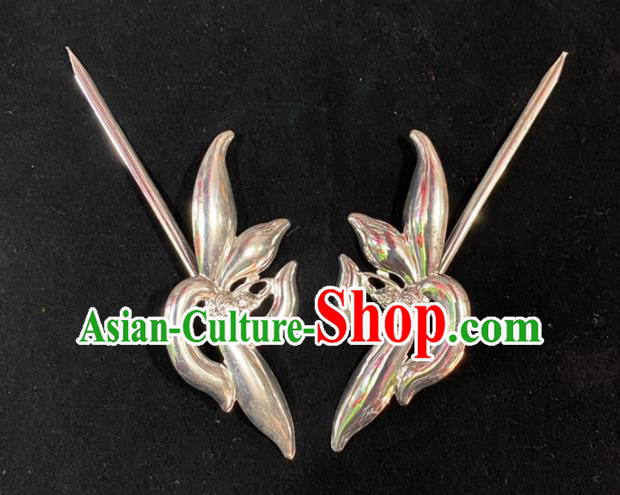 Chinese Traditional Opera Actress Argent Orchids Hairpin Beijing Opera Diva Hair Accessories Peking Opera Noble Lady Hair Stick