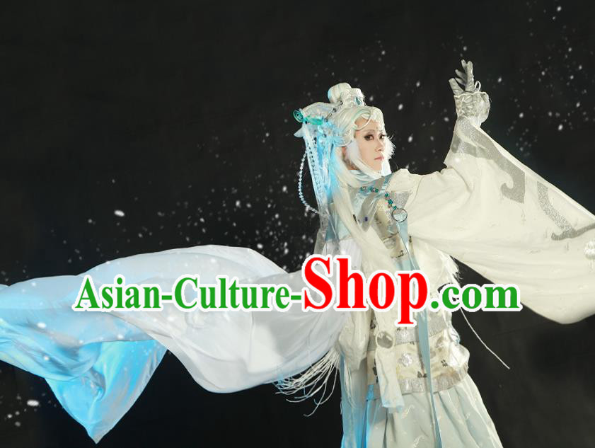 Chinese Traditional Cosplay Swordsman Clothing Puppet Show Yuan Wuxiang Garment Costumes Ancient Taoist Priest White Uniforms and Hairpieces