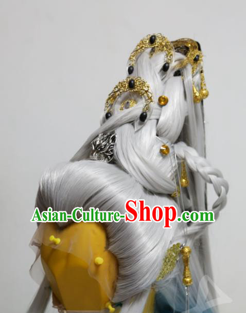 Handmade China Traditional Puppet Show Swordsman Headdress Ancient Taoist Priest Gray Wigs and Hair Crown Hairpieces Cosplay King Hair Accessories