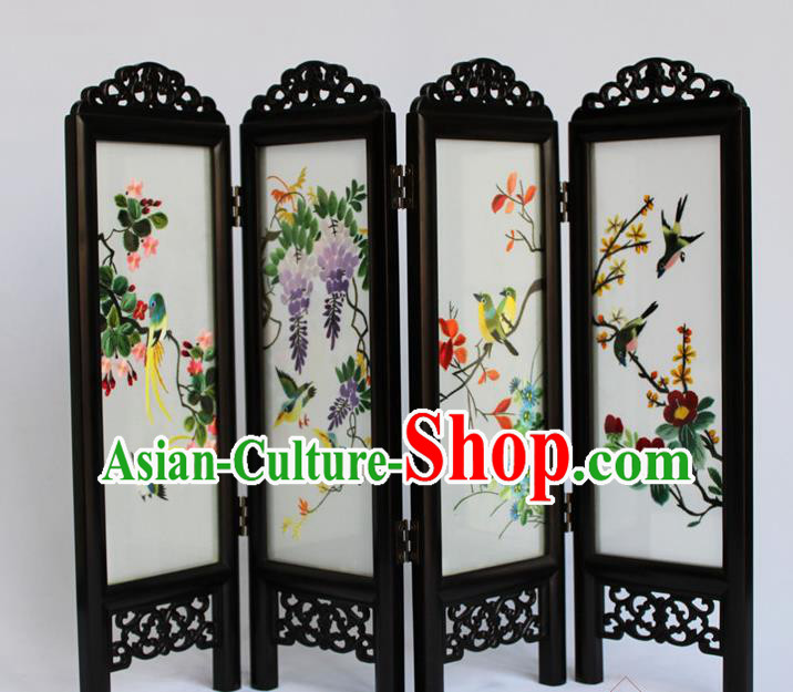 Chinese Home Ornaments Handmade Flowers Birds Folding Screen Craft Suzhou Double Sides Embroidery Screen