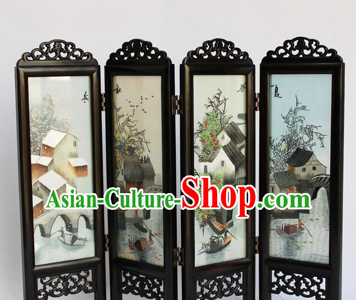 Chinese Home Ornaments Handmade Flowers Birds Folding Screen Craft Suzhou Double Sides Embroidery Screen
