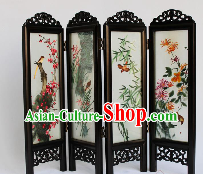 Chinese Home Ornaments Handmade Flowers Birds Folding Screen Craft Suzhou Double Sides Embroidery Screen