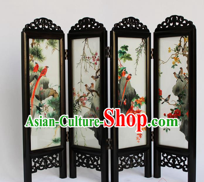 Chinese Home Ornaments Handmade Flowers Birds Folding Screen Craft Suzhou Double Sides Embroidery Screen