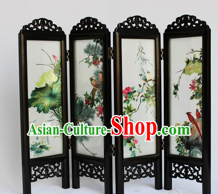Chinese Home Ornaments Handmade Flowers Birds Folding Screen Craft Suzhou Double Sides Embroidery Screen