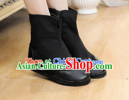 Chinese Traditional Winter Boots Ancient Swordsman Shoes Handmade Black Boots with Wool Inside