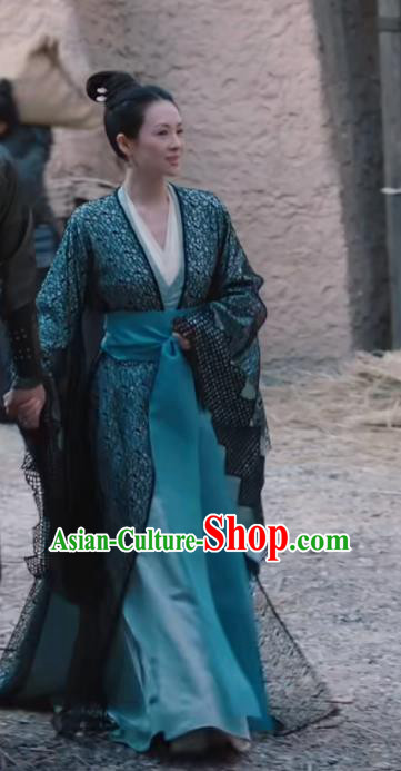 China Southern and Northern Dynasties Clothing Ancient Court Woman Blue Dress Garment The Rebel Princess Zhang Ziyi Wang Xuan Replica Costumes and Headpieces