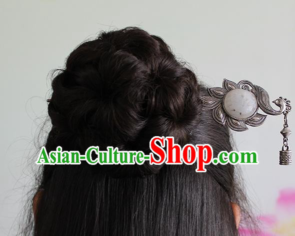 China Handmade Ethnic Hair accessories Silver Peacock Hairpin Ancient Princess Jade Hair Stick