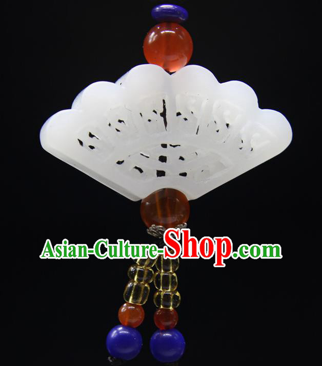 China Classical Jewelry Accessories Handmade Carving Fan Pendant National Hetian Jade Sachet