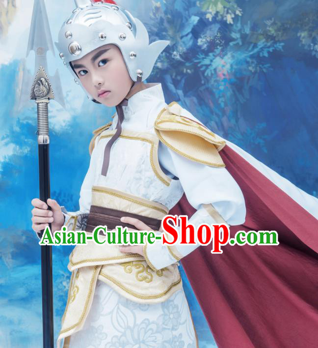 Chinese Ancient General Garment Costumes Children Clothing Three Kingdoms Period Armor and Hat Complete Set