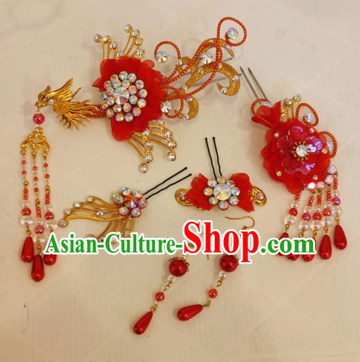 Chinese Shaoxing Opera Actress Phoenix Hairpins Beijing Opera Hua Tan Headdress Traditional Opera Princess Red Hair Accessories