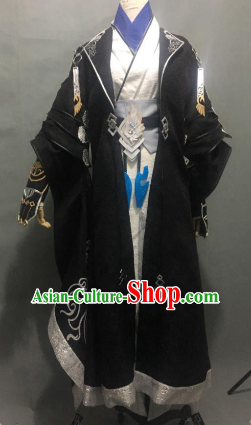 Chinese Cosplay Swordsman Black Clothing Moonlight Blade Yimo Cangming Apparel Ancient Taoist Priest Garment Costumes