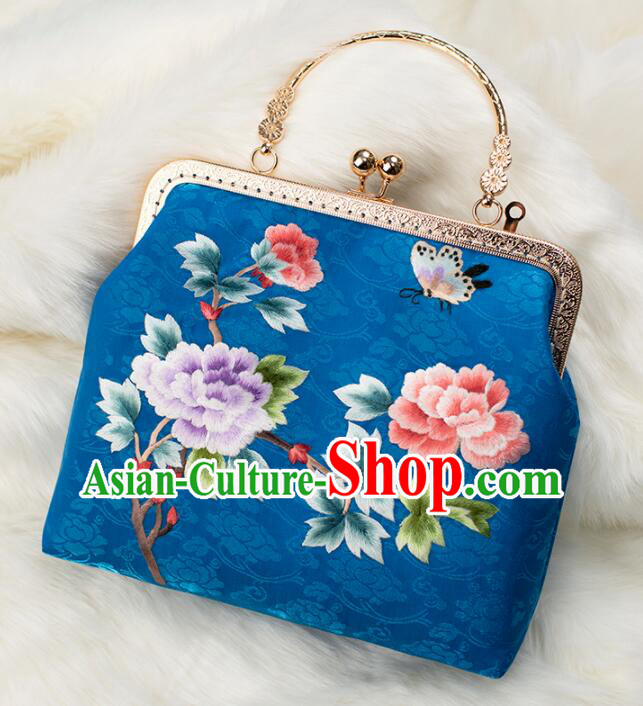 China National Royal Blue Silk Chain Bag Handmade Suzhou Embroidery Peony Handbag Cheongsam Evening Bag