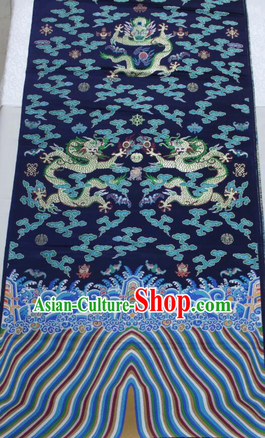 China Classical Dragons Pattern Navy Blue Brocade Fabric Ancient Imperial Robe Silk Fabrics Traditional Court Drapery