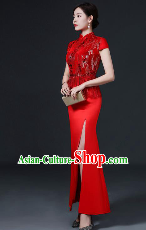 Chinese Traditional Wedding Qipao Bride Red Cheongsam Modern Qipao Dress New Year Mermaid Full Dress