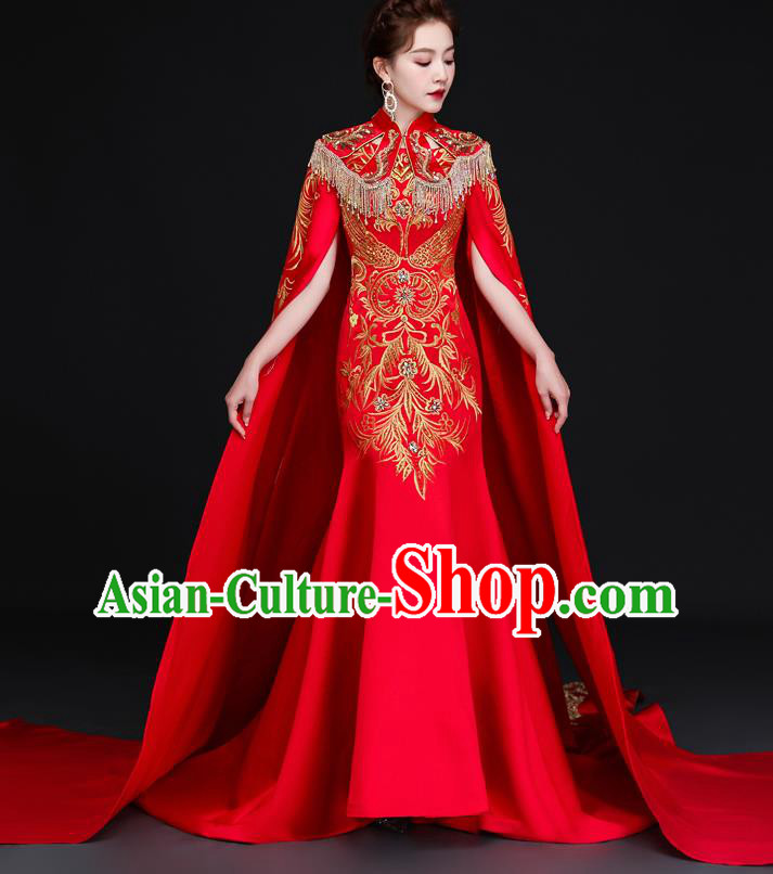 Chinese Bride Modern Cheongsam Trailing Qipao Dress Wedding Red Full Dress Traditional Bride Embroidered Qipao