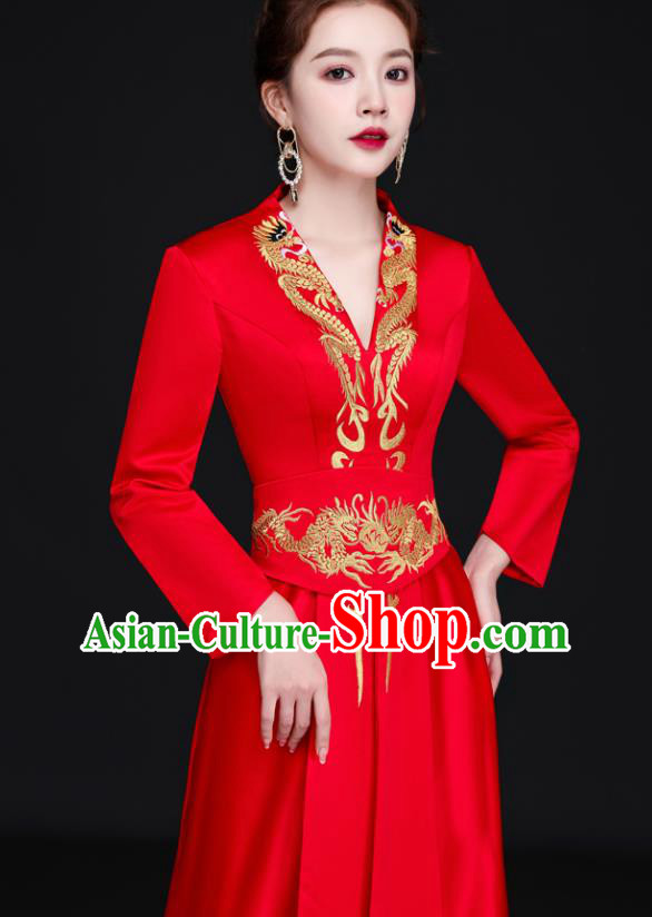China Dinner Party Formal Garment New Year Red Dress Professional Embroidery Full Dress