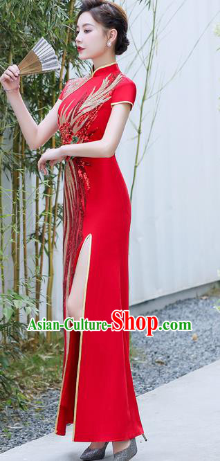 Chinese Wedding Red Full Dress Bride Embroidered Peony Qipao Modern Cheongsam Traditional Qipao Dress