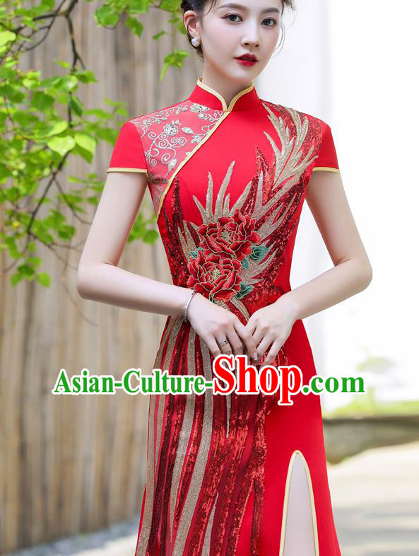 Chinese Wedding Red Full Dress Bride Embroidered Peony Qipao Modern Cheongsam Traditional Qipao Dress