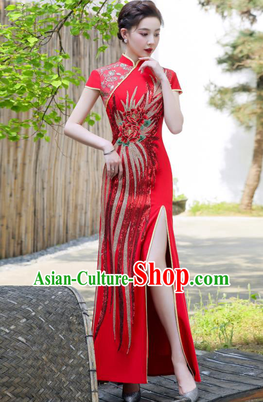 Chinese Wedding Red Full Dress Bride Embroidered Peony Qipao Modern Cheongsam Traditional Qipao Dress