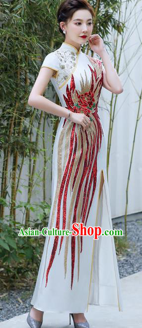 Chinese Traditional Qipao Dress Hostess White Full Dress Embroidered Peony Qipao Modern Cheongsam
