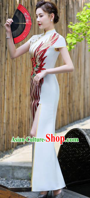 Chinese Traditional Qipao Dress Hostess White Full Dress Embroidered Peony Qipao Modern Cheongsam