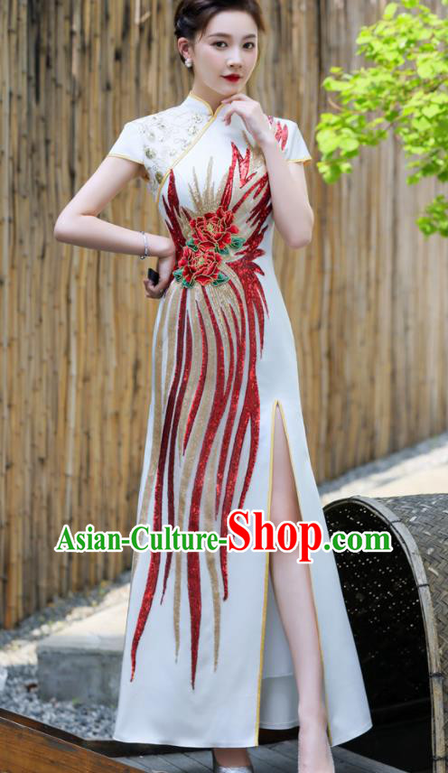 Chinese Traditional Qipao Dress Hostess White Full Dress Embroidered Peony Qipao Modern Cheongsam
