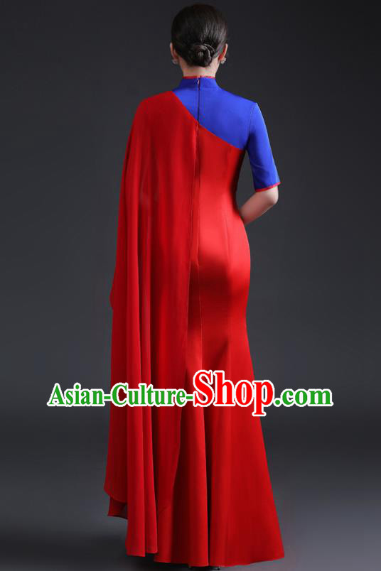 Chinese Traditional Red Dress Compere Full Dress Embroidered Qipao Clothing Modern Cheongsam