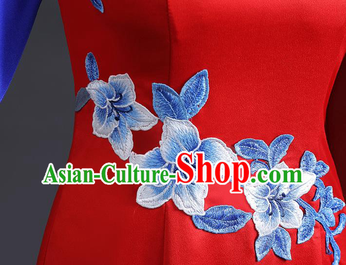 Chinese Traditional Red Dress Compere Full Dress Embroidered Qipao Clothing Modern Cheongsam
