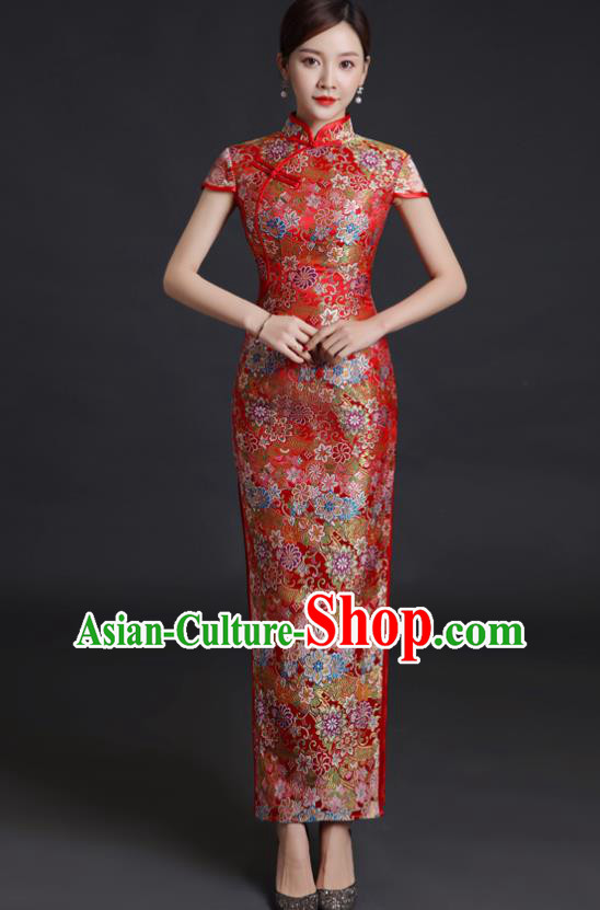 Chinese Bride Red Brocade Cheongsam Traditional Wedding Dress Compere Full Dress Classical Qipao Clothing
