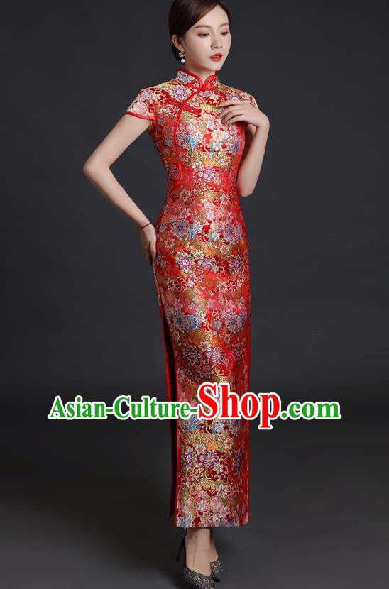Chinese Bride Red Brocade Cheongsam Traditional Wedding Dress Compere Full Dress Classical Qipao Clothing