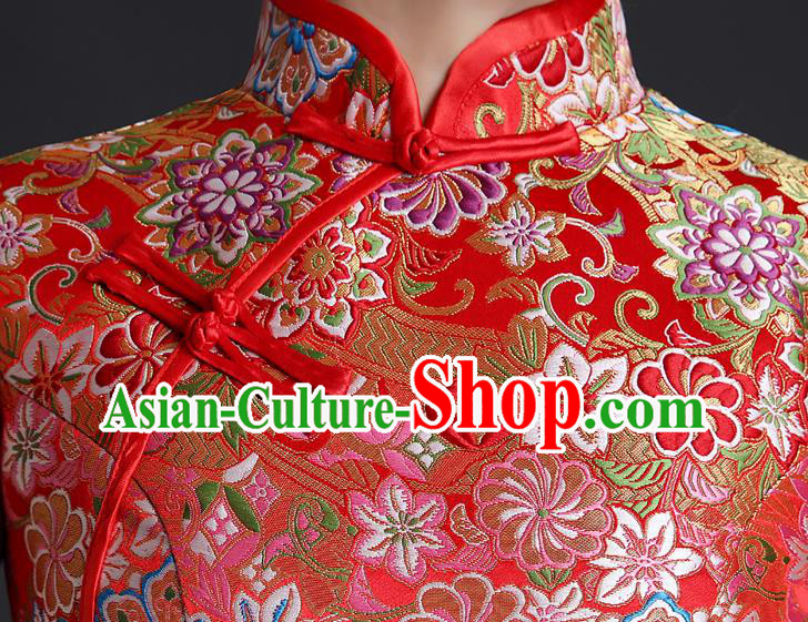 Chinese Bride Red Brocade Cheongsam Traditional Wedding Dress Compere Full Dress Classical Qipao Clothing